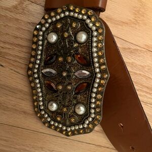 Brown faux leather belt with embellished buckle